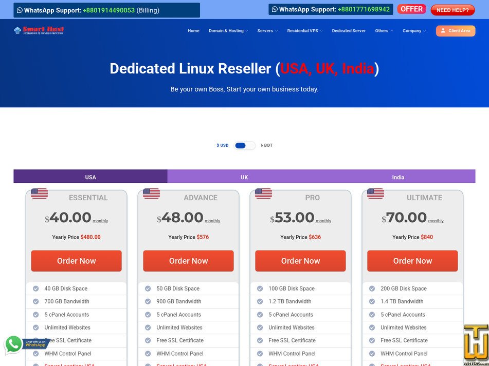 Taken on 10 August, 2026 screenshot of Dedicated Linux Reseller Essential (US/UK/IN) from smarthostbd.com