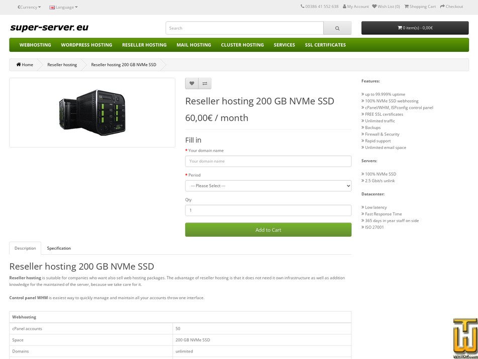 screenshot of Reseller hosting 200 GB SSD NVMe from super-server.eu