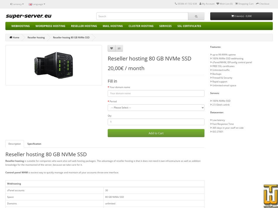 Taken on 2 July, 2026 screenshot of Reseller hosting 80 GB SSD NVMe from super-server.eu