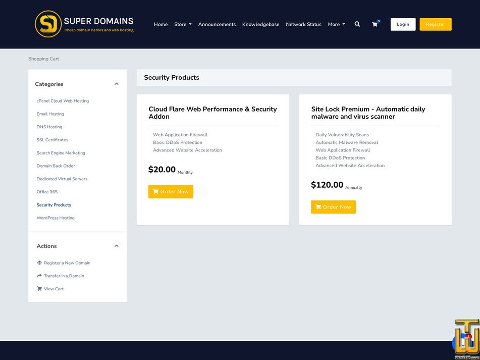 Taken on 24 August, 2026 screenshot of Cloud Flare Web Performance & Security Addon from superdomains.com.au