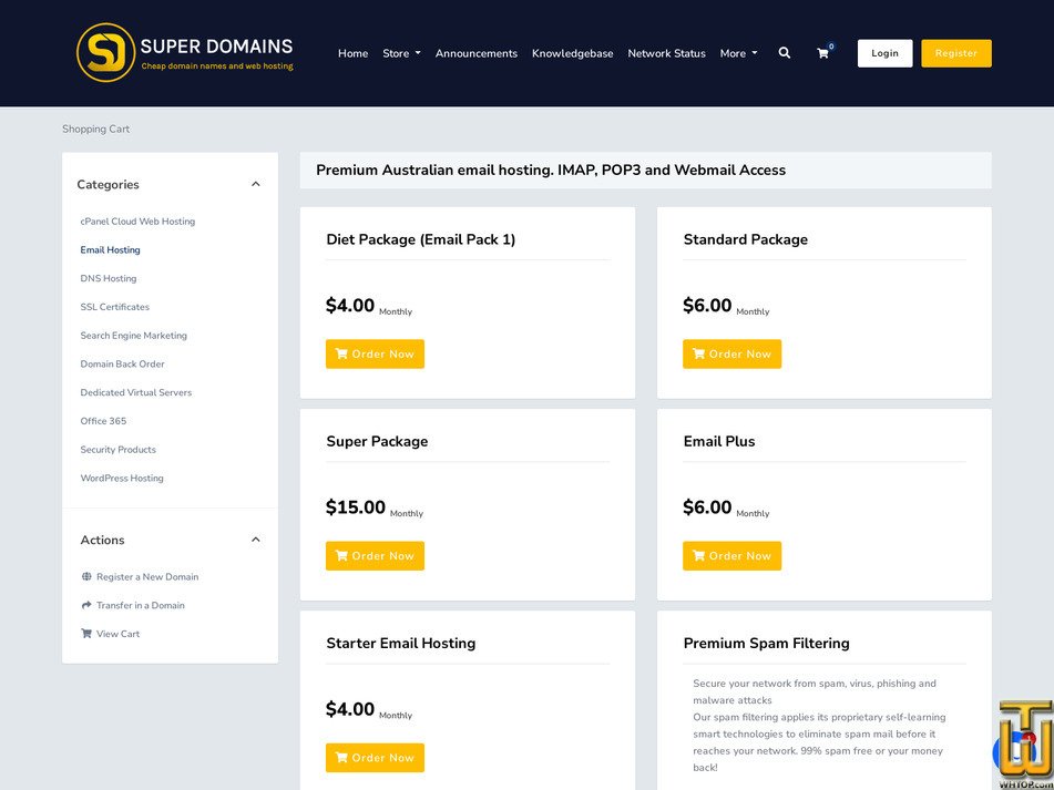 Taken on 24 August, 2026 screenshot of Standard Package from superdomains.com.au