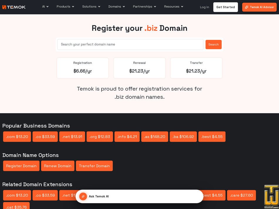Taken on 14 July, 2026 screenshot of .biz Domain Registration from temok.com