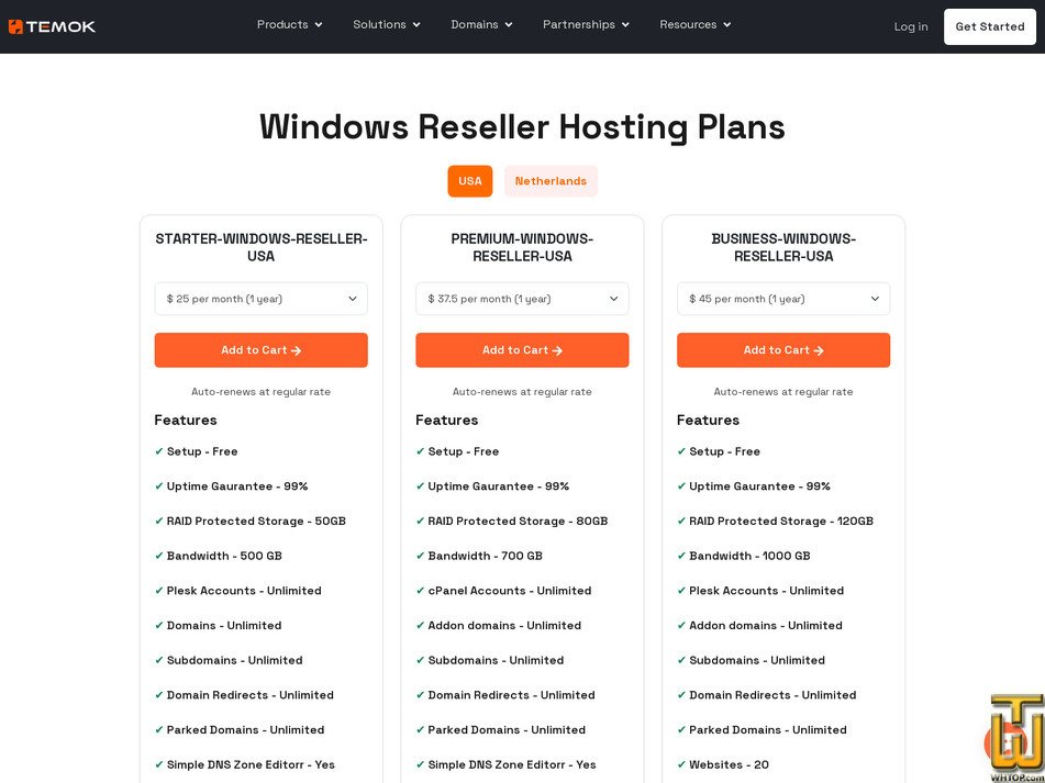screenshot of Reseller Hosting Business Plan from temok.com