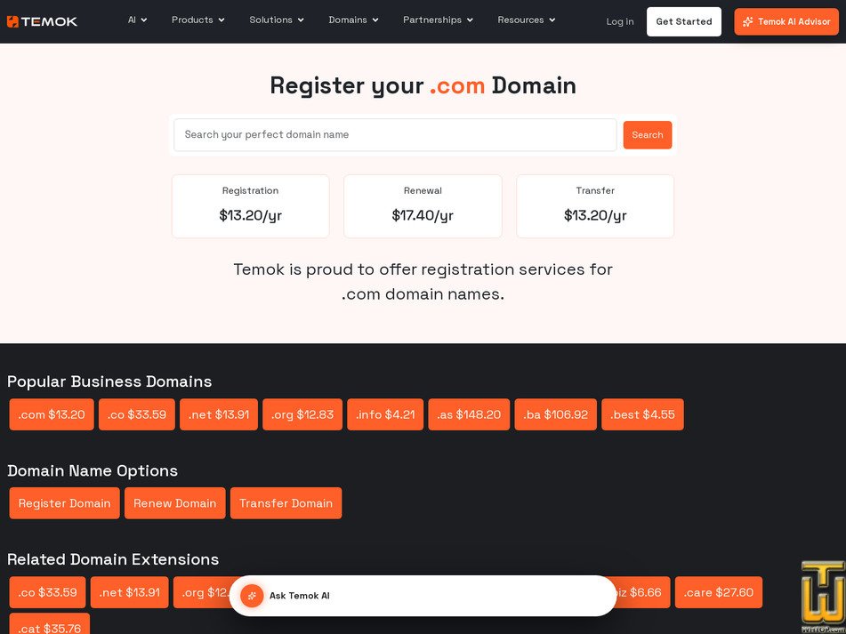 Taken on 14 July, 2026 screenshot of .com Domain Registration from temok.com