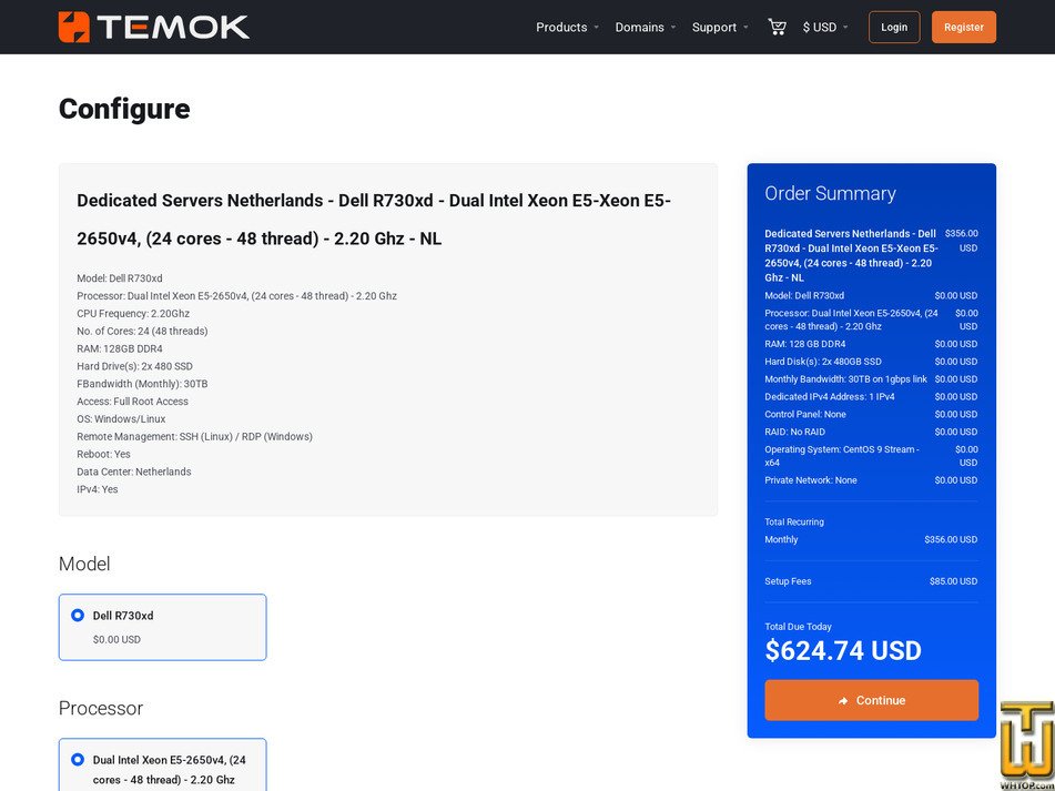 screenshot of Dual Intel Xeon E5-2650v4, (24 cores - 48 thread) - 2.20 Ghz from temok.com
