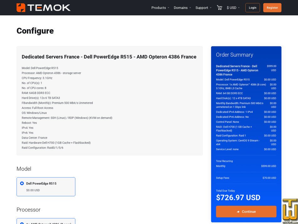 Taken on 15 July, 2026 screenshot of AMD Opteron 4386 - Storage Server from temok.com