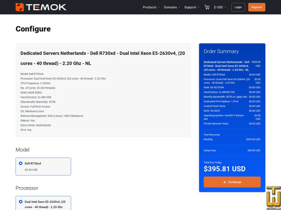 screenshot of Dual Intel Xeon E5-2630v4, (20 cores - 40 thread) - 2.20 Ghz from temok.com