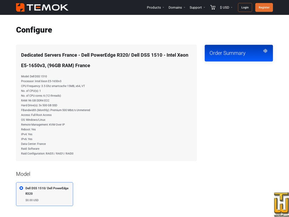 Taken on 15 July, 2026 screenshot of 1x Intel® Xeon® E5 1650 v3, 6C / 12T @3.5 Ghz smartcache 15MB, x64, VT from temok.com