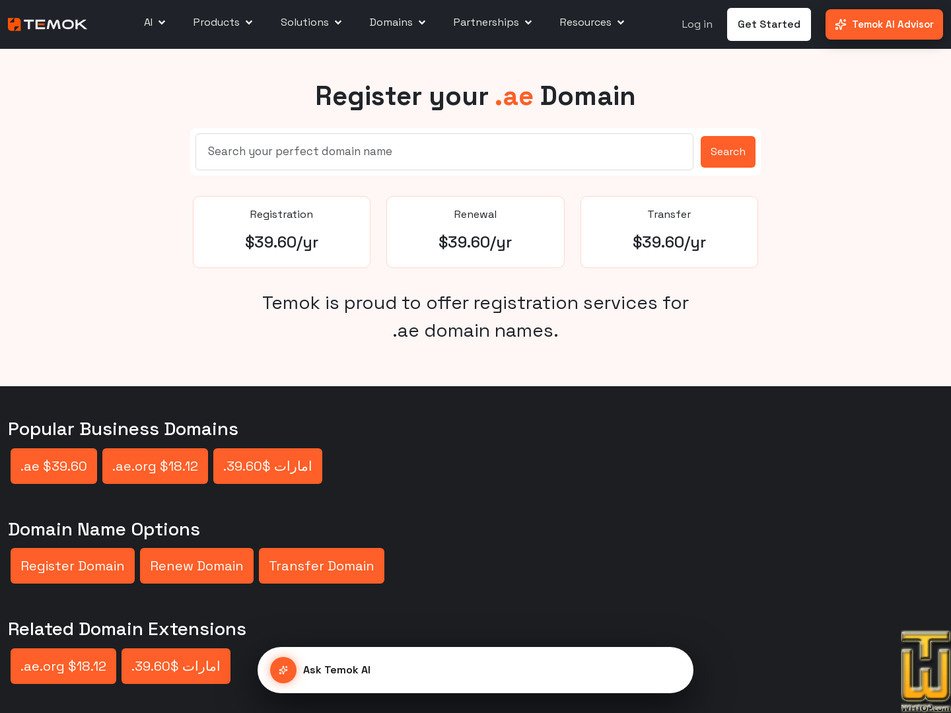 screenshot of .ae Domain Registration from temok.com