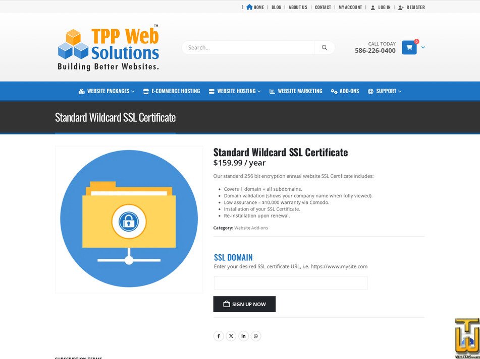 screenshot of Standard Wildcard SSL Certificate from tppwebsolutions.com