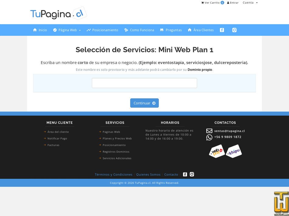 Taken on 28 July, 2026 screenshot of Mini Web Plan 1 from tupagina.cl