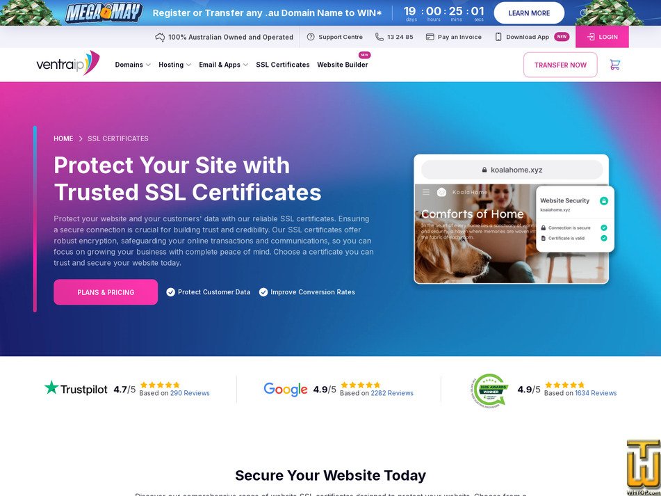 Taken on 12 May, 2026 screenshot of Sectigo Premium EV SSL from ventraip.com.au