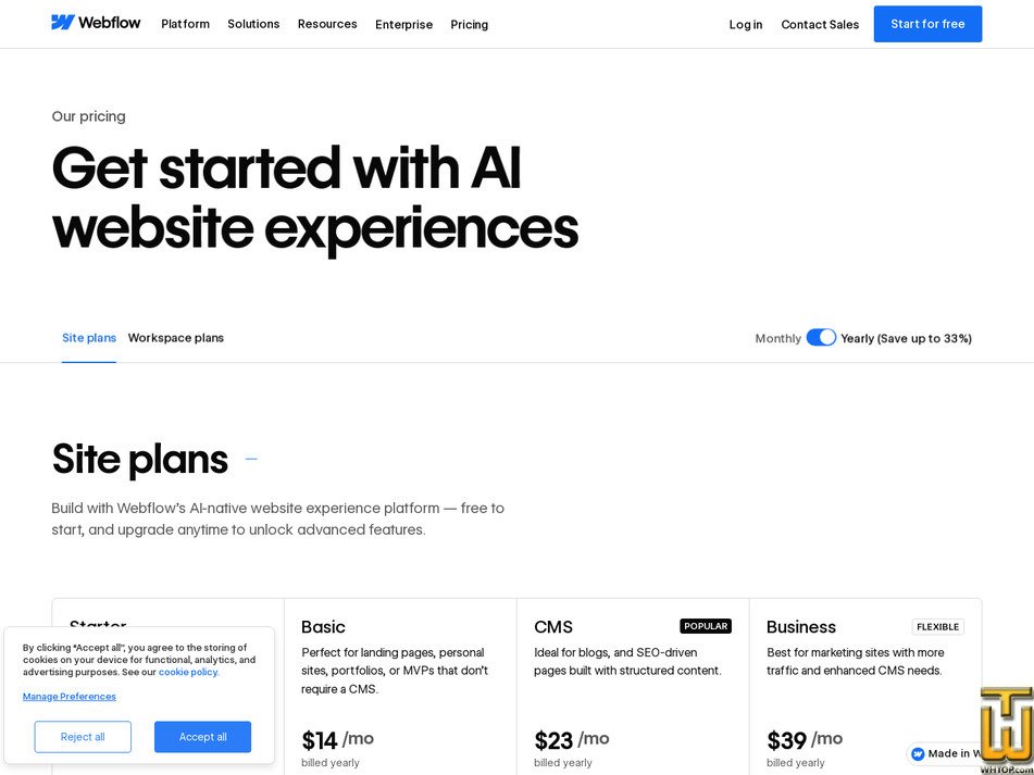Taken on 15 February, 2026 screenshot of Workspace plan Core from webflow.com