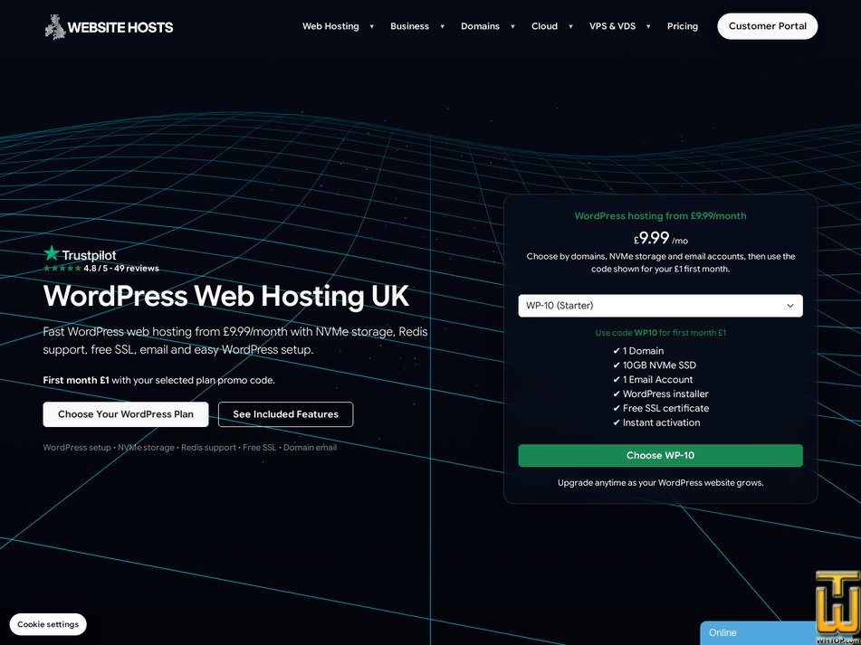 Taken on 17 July, 2026 screenshot of WordPress Web Hosting UK (WP-10) from websitehosts.uk