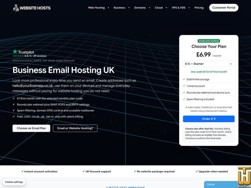 Taken on 17 July, 2026 screenshot of Business Email Hosting UK (E-5) from websitehosts.uk