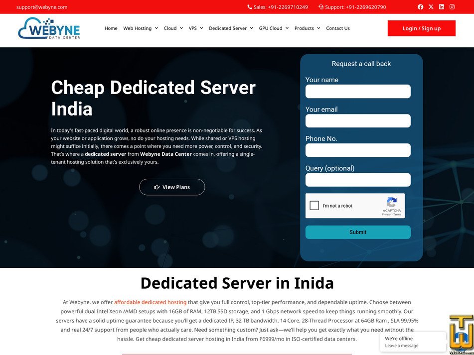 screenshot of Dedicated Server India from webyne.com