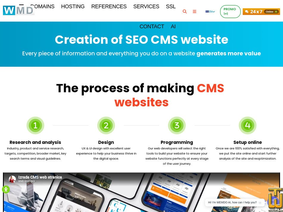 Taken on 1 July, 2026 screenshot of SEO CMS - Creating web pages from wmd.hosting