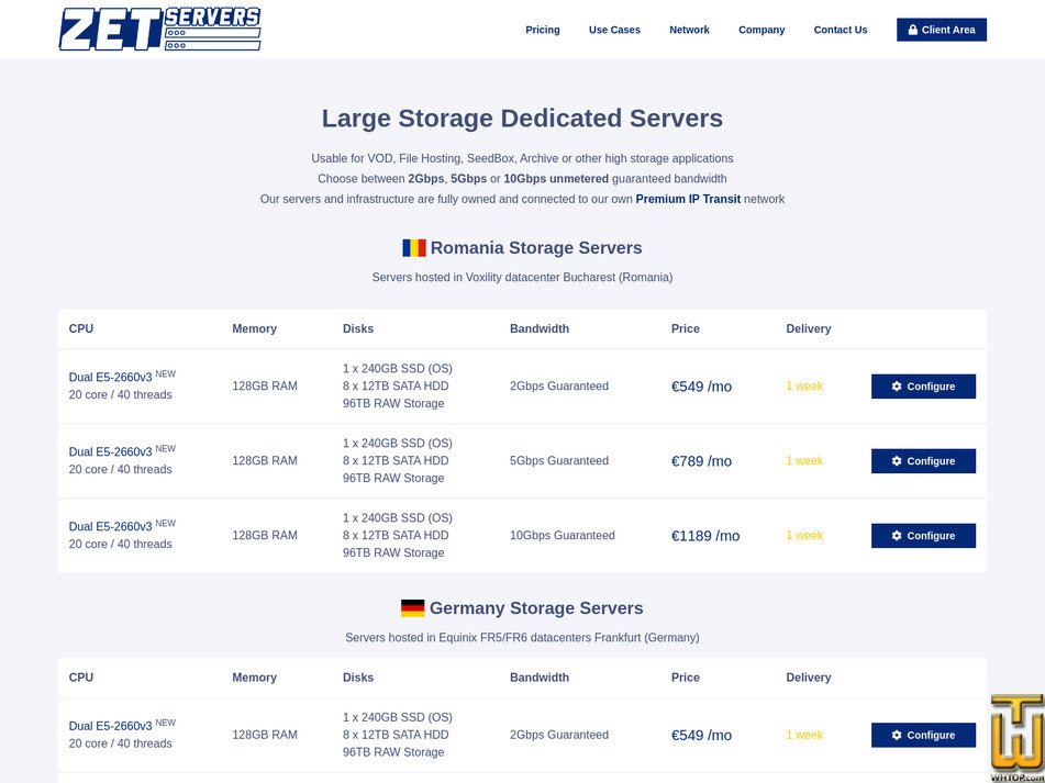 screenshot of Romania Storage Servers Dual E5-2660v3 5Gbps Guaranteed from zetservers.com