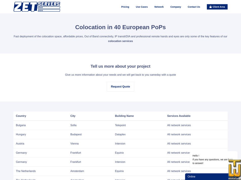 Taken on 2 May, 2026 screenshot of Colocation in 40 European PoPs from zetservers.com
