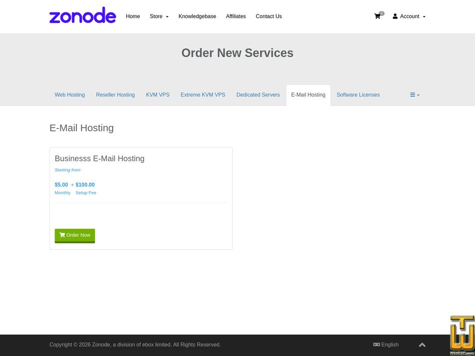 screenshot of Businesss E-Mail Hosting from zonode.com