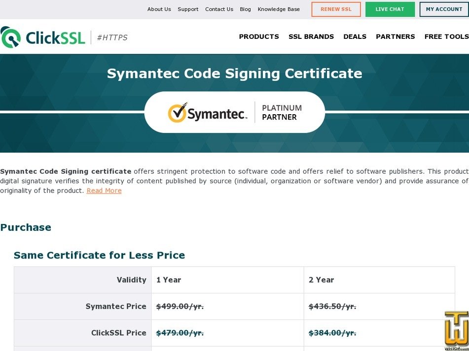 Taken on 27 June, 2018 screenshot of Symantec Code Signing Certificate from clickssl.net
