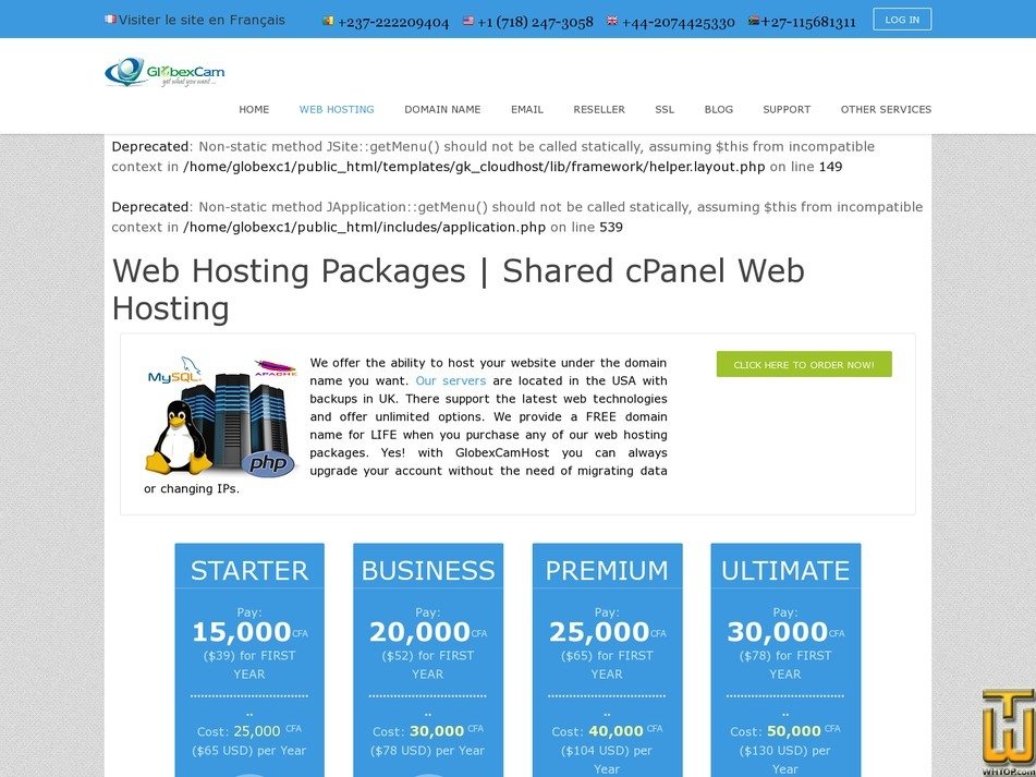 Taken on 27 August, 2019 screenshot of Starter Hosting from globexcamhost.com