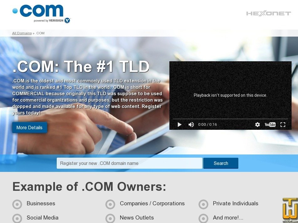 Taken on 21 January, 2017 screenshot of .com from hexonet.net