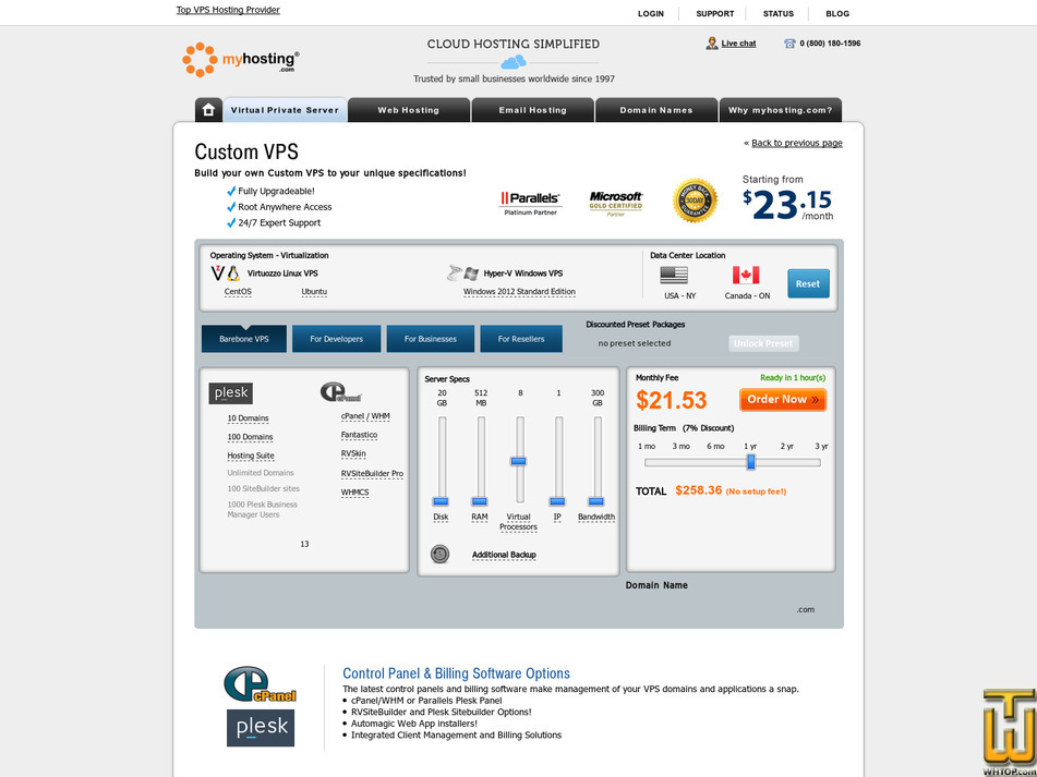 Taken on 29 September, 2020 screenshot of Custom VPS from myhosting.com