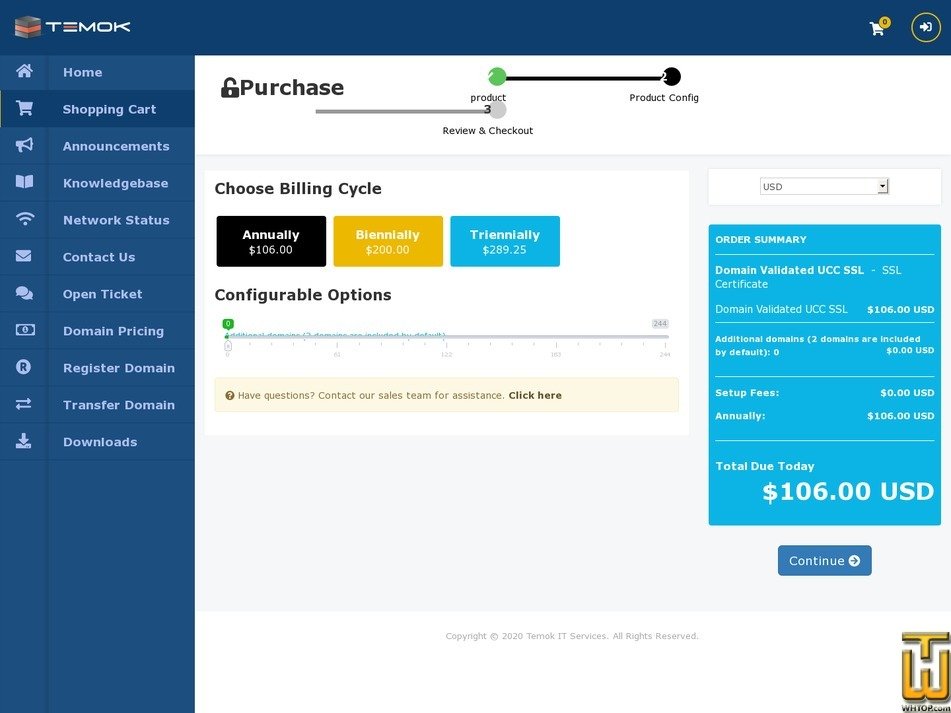Taken on 17 January, 2020 screenshot of Sectigo Multi-Domain/UCC Wildcard Certificate (DV) from temok.com