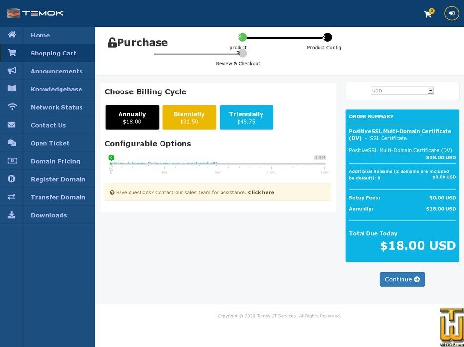 screenshot of PositiveSSL Multi-Domain Certificate (DV) from temok.com